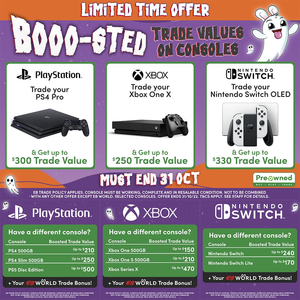 EBGamesAus's tweet photo. Spooky season is officially here so we're giving you BOOO-sted trade values on consoles, available for a LIMITED TIME ONLY! 🎃👻

Must end 31 October: https://t.co/xPrdoQnmRs https://t.co/osQaWPY8Bh