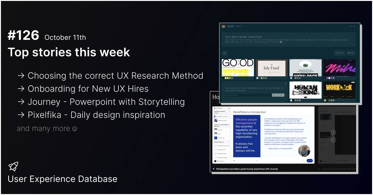 UX Database (@uxdatabase) on Twitter photo #126 Issue released ๐คก
This week top stories
โ Choosing the correct UX Research Method <a href="/MeasuringU/">MeasuringU</a>
โ Onboarding for New UX Hires <a href="/rachelkrau/">Rachel Krause</a>
โ Journey - Powerpoint with Storytelling <a href="/journeyio/">Journey</a>
โ Pixelfika - Daily design inspiration <a href="/drikerf/">Fredrik</a>
buff.ly/3EyYoZb #126 Issue released ๐คก
This week top stories
โ Choosing the correct UX Research Method <a href="/MeasuringU/">MeasuringU</a>
โ Onboarding for New UX Hires <a href="/rachelkrau/">Rachel Krause</a>
โ Journey - Powerpoint with Storytelling <a href="/journeyio/">Journey</a>
โ Pixelfika - Daily design inspiration <a href="/drikerf/">Fredrik</a>
buff.ly/3EyYoZb