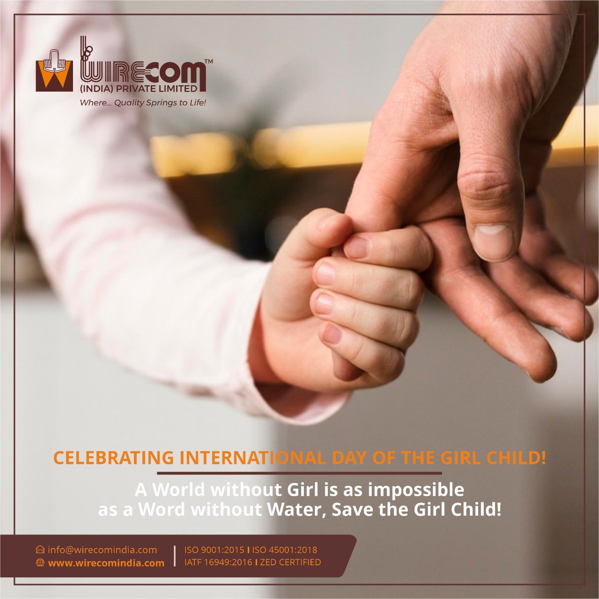 A happy and healthy girl child with a safe and progressive environment is what we all dream of. 
#WirecomIndia wishes you a very Happy International Girl Child Day!

#InternationalDayOfGirlChild #GirlChildDay #girlchild #girlpower #womenswelfare #trending #spring #springsolution