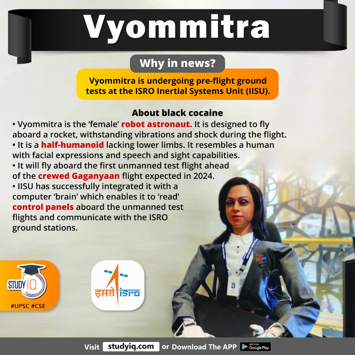 upsciq's tweet photo. #Vyommitra

#isro #intertialsystemsunit #iisu #blackcocaine #femalerobotastronaut #flyaboard #rocket #flight #halfhumanoid #humanfacialexpressions #gaganyaanflight #computerbrain #controlpanels #isrogroundstations #upsc #cse https://t.co/obHiX3KSpz