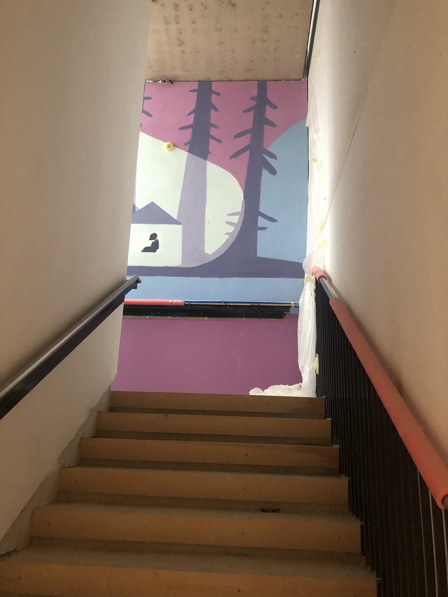 _susiehamilton's tweet photo. Threes….Triptych for Trinity Building in the new Springfield Hospital, Tooting. Going up the stairs of the central staircase with my 3 #murals for @Hospital_Rooms finished yesterday #light #seclusion #ascent #beams #toweroflight #vision #triptych #mentalhealthmatters https://t.co/zB8iHbUIZI