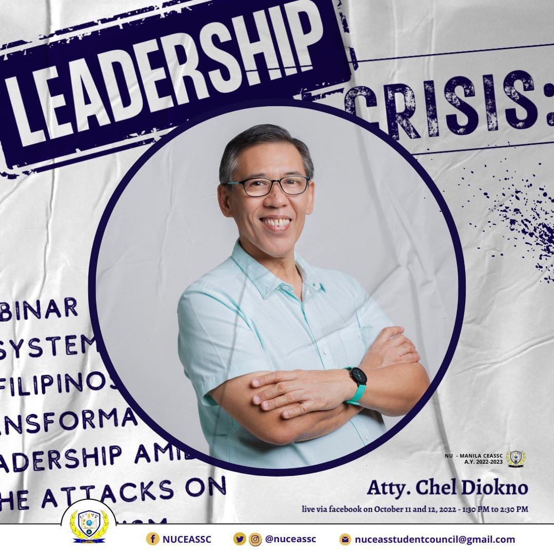 nuceassc's tweet photo. HAPPENING TODAY: Currently airing at CEAS SC Facebook page. Join us and “Our woke lolo,”ATTY. CHEL DIOKNO for stimulating discussion circling on pressing issues on criminal justice system.
Tune in to this thread for live updates
#LeadershipInCrisisWebinar
#NUCEASSC https://t.co/6Z4SnLOMcz