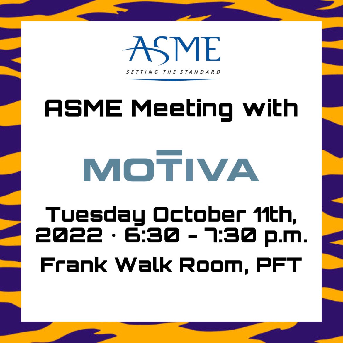 Tomorrow at 6:30 p.m., come talk with MOTIVA Enterprises at our ASME Chapter meeting in the Frank Walk Room. There will be Chick fil a provided and limited edition ASME stickers for those who attend 🥳 Can’t wait to see y’all there!