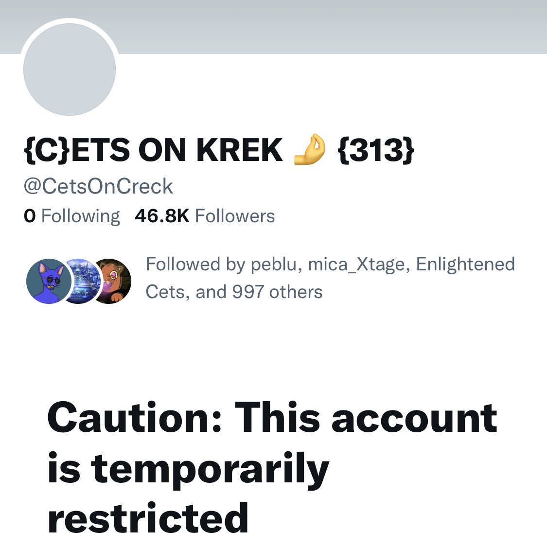 DegenerateNews's tweet photo. BREAKING: @CetsOnCreck HAS BEEN RESTRICTED https://t.co/U5wNx1xQ59