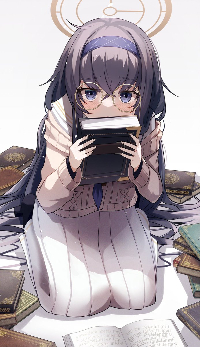 ui (blue archive) 1girl book solo glasses long hair black hair skirt  illustration images