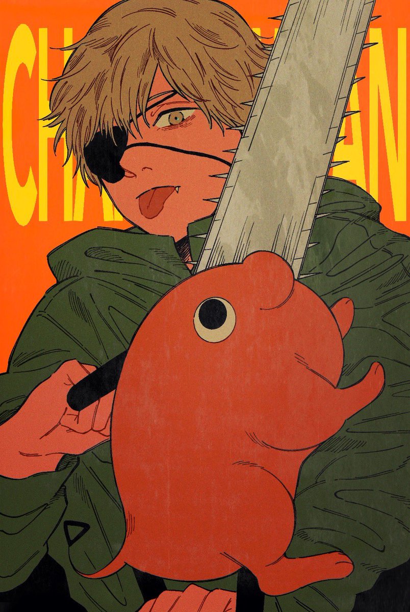 denji (chainsaw man) ,pochita (chainsaw man) chainsaw 1boy eyepatch tongue blonde hair tongue out green hoodie  illustration images