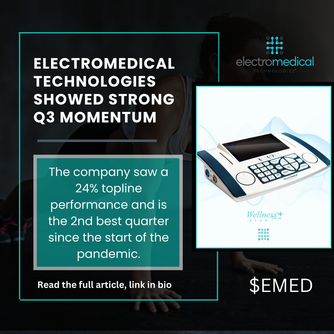 electromedtech's tweet photo. Electromedical Technologies showed strong Q3 momentum.
The company saw a 24% topline performance and is the 2nd best quarter since the start of the pandemic.
Read the full article, here:
https://t.co/B394lXgq4r
#$EMED #electromedtech #electrotherapy #wellnesspro https://t.co/JBUro5KUUJ