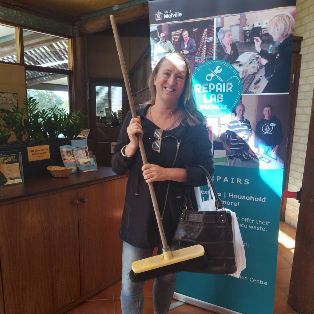 cityofmelville's tweet photo. When Caroline’s broom broke in two she brought it to #RepairLab. Our Household Repairer was able to get it back in one piece for her. #CityofMelville #SustainabilityPerth

 Our next Repair Lab event on Sunday, 23 October 2022: https://t.co/wc6cYAnc5X https://t.co/FK01MXM6XW
