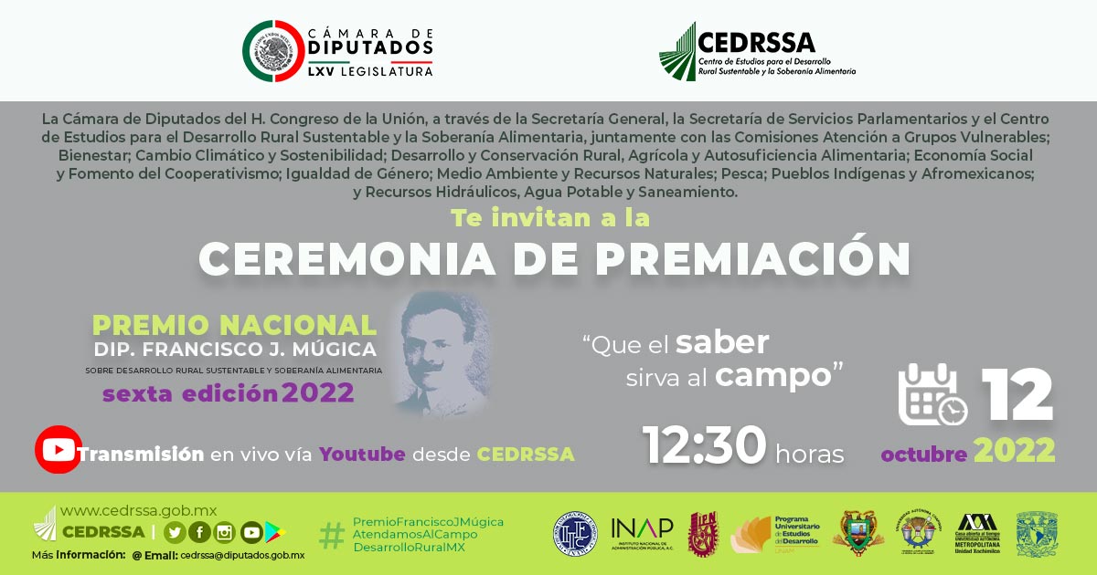 CEDRSSA's tweet photo. 📢Te invitamos a seguir la transmisión por Youtube de #CEDRSSA de la ceremonia de premiación donde conocerás a los ganadores de la sexta edición del #PremioFranciscoJMúgica, 2022. https://t.co/V5qetkIGUI