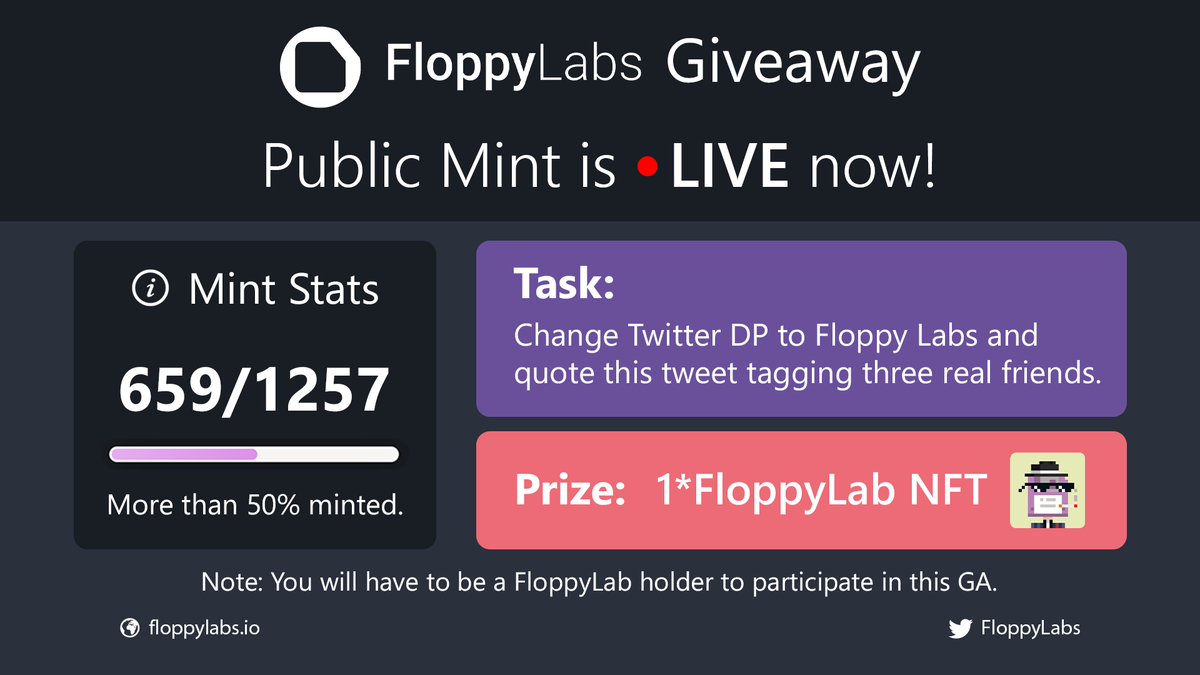 ReddyGives's tweet photo. MINTING for a great passive income earning project @FloppyLabs
Public mint live - https://t.co/UsQumtkHCO
#NFT #NFTs #NFTCommunity #NFTArt #NFTArtist #NFTGame
#NFTJapan #NFTThailand #PassiveIncome #SOL #Solana #SolanaNFTs #SolProjects https://t.co/ud5JLD9LJS