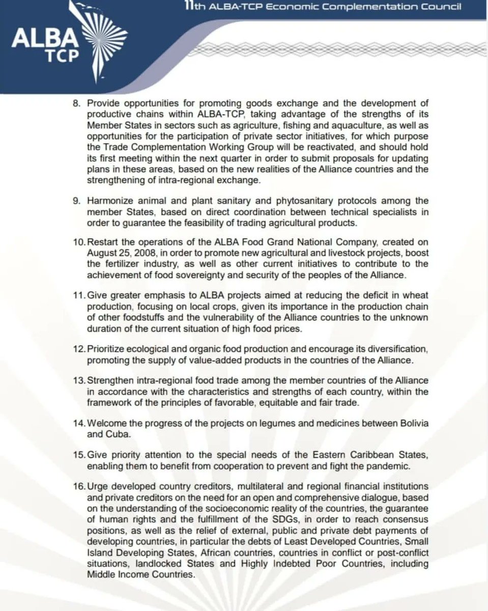 ALBATCP's tweet photo. Declaration of the 11th Meeting of the ALBA-TCP Economic Complementation Council.
.
#AllianceForLife https://t.co/COvU8c8Q1h