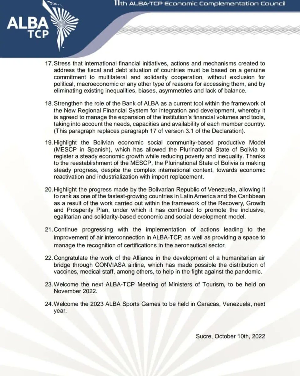 ALBATCP's tweet photo. Declaration of the 11th Meeting of the ALBA-TCP Economic Complementation Council.
.
#AllianceForLife https://t.co/COvU8c8Q1h
