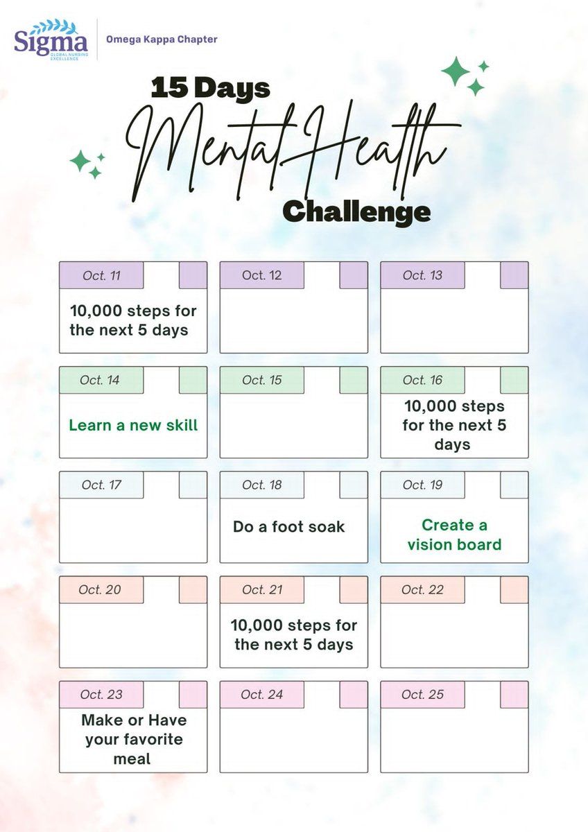 OmegaKappaChap's tweet photo. Thanks to everyone who joined this evening but just in case you missed it. Please see the 15-Day Mental Health Challenge calendar, we start tomorrow, Let's do this #WereOk #MyMentalHealthMatters. @SigmaNursing  @LaCsigmanursing https://t.co/G5j7giqoQ3