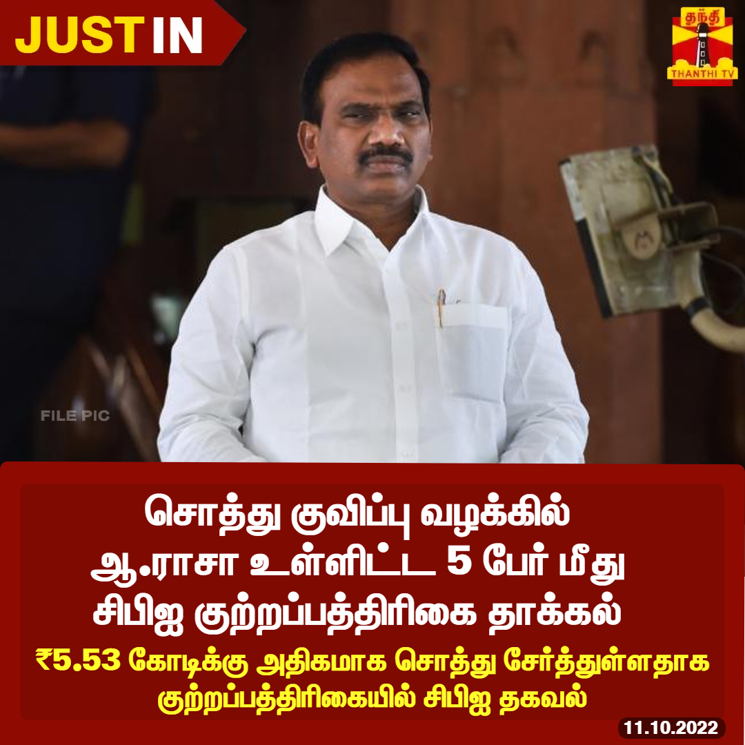 ThanthiTV's tweet photo. #JUSTIN : சொத்து குவிப்பு வழக்கில் ஆ.ராசா உள்ளிட்ட 5 பேர் மீது சிபிஐ குற்றப்பத்திரிகை தாக்கல்

 ₨5.53 கோடிக்கு அதிகமாக சொத்து சேர்த்துள்ளதாக குற்றப்பத்திரிகையில் சிபிஐ தகவல்

#ARaja #CBI #ThanthiTV https://t.co/sWDBBYzq6E