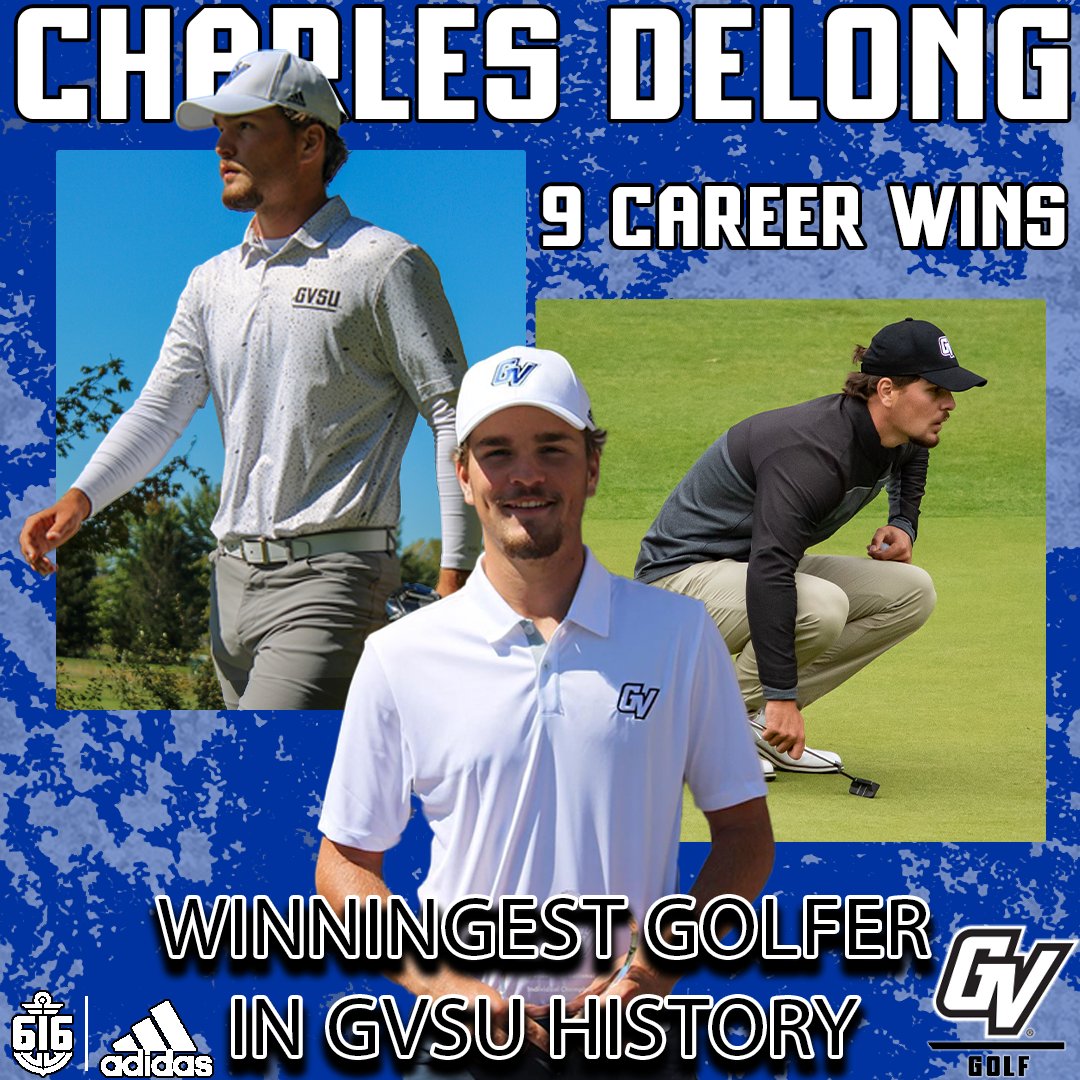 gvsugolf's tweet photo. History made!  🙌

Charles DeLong won the Motor City Invite this afternoon to claim his 9th career victory, making him the winningest golfer in GVSU men's golf history! 

#AnchorUp https://t.co/i97nHFgLyC