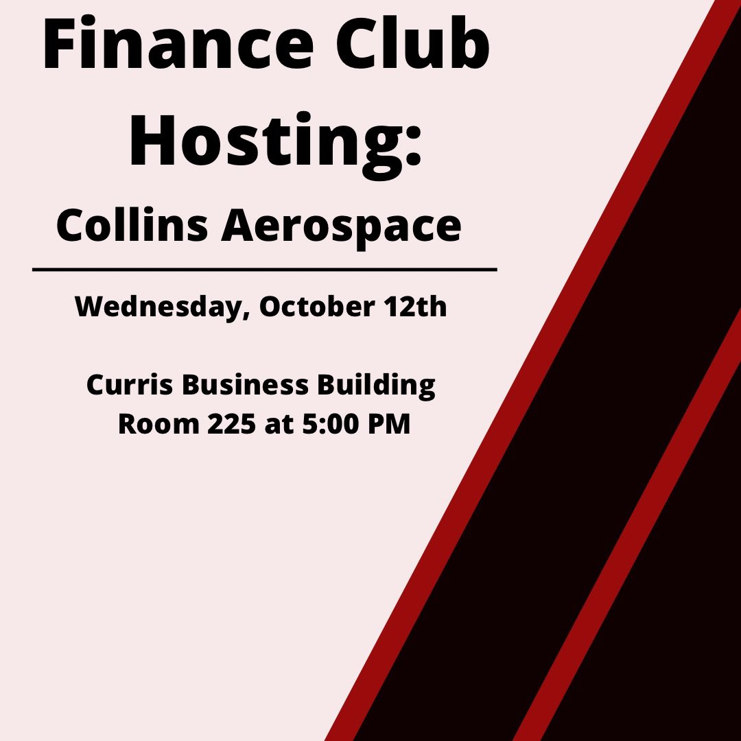 Please join us this Wednesday at 5pm in CBB 225. We will be hosting Collins Aerospace. There will be a presentation about the company and any job opportunities they have!