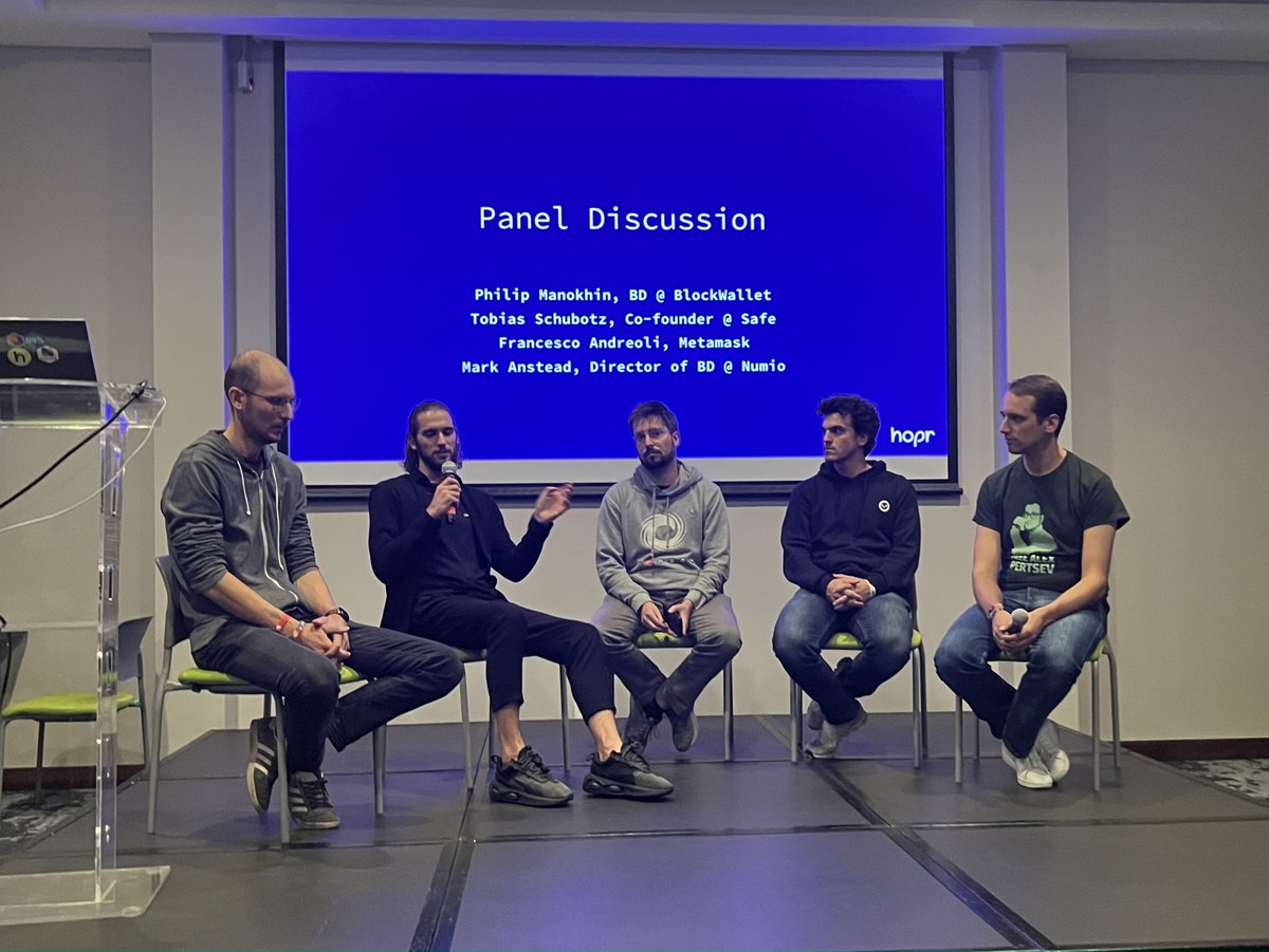 It was an absolute pleasure sharing the stage with the all-star panel of <a href="/hoprnet/">HOPR 🟡</a>, <a href="/gnosisSafe/">GNOSIS SAFE OLD HANDLE - GO FOLLOW @SAFE</a>, <a href="/MetaMask/">MetaMask 🦊</a>, and <a href="/GetNumio/">Numio</a>.

Here's <a href="/PhilipManokhin/">🔲 Philip Manokhin | BlockWallet</a> discussing wallet privacy and the hurdles we face to keep Web3 users safe.