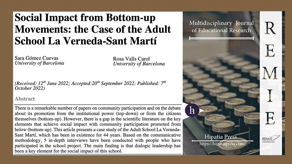 ✅New article published!
🔝 About Dialogical Leadership as an essential element to achieve Social Impact from Educational Institutions.
<a href="/rosavallsca/">Rosa valls</a> <a href="/Saragomcue/">Sara Gómez Cuevas</a> @edaverneda