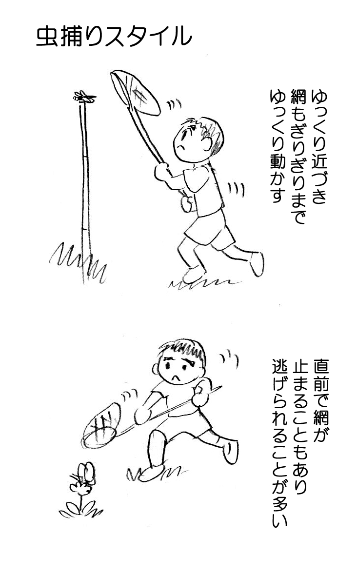 虫捕りスタイル。
息子はチャレンジ回数が多く、
トンボなど難しいものを捕まえようとするので
失敗が目立つのかもしれません。
虫捕りにも個性が出ます。