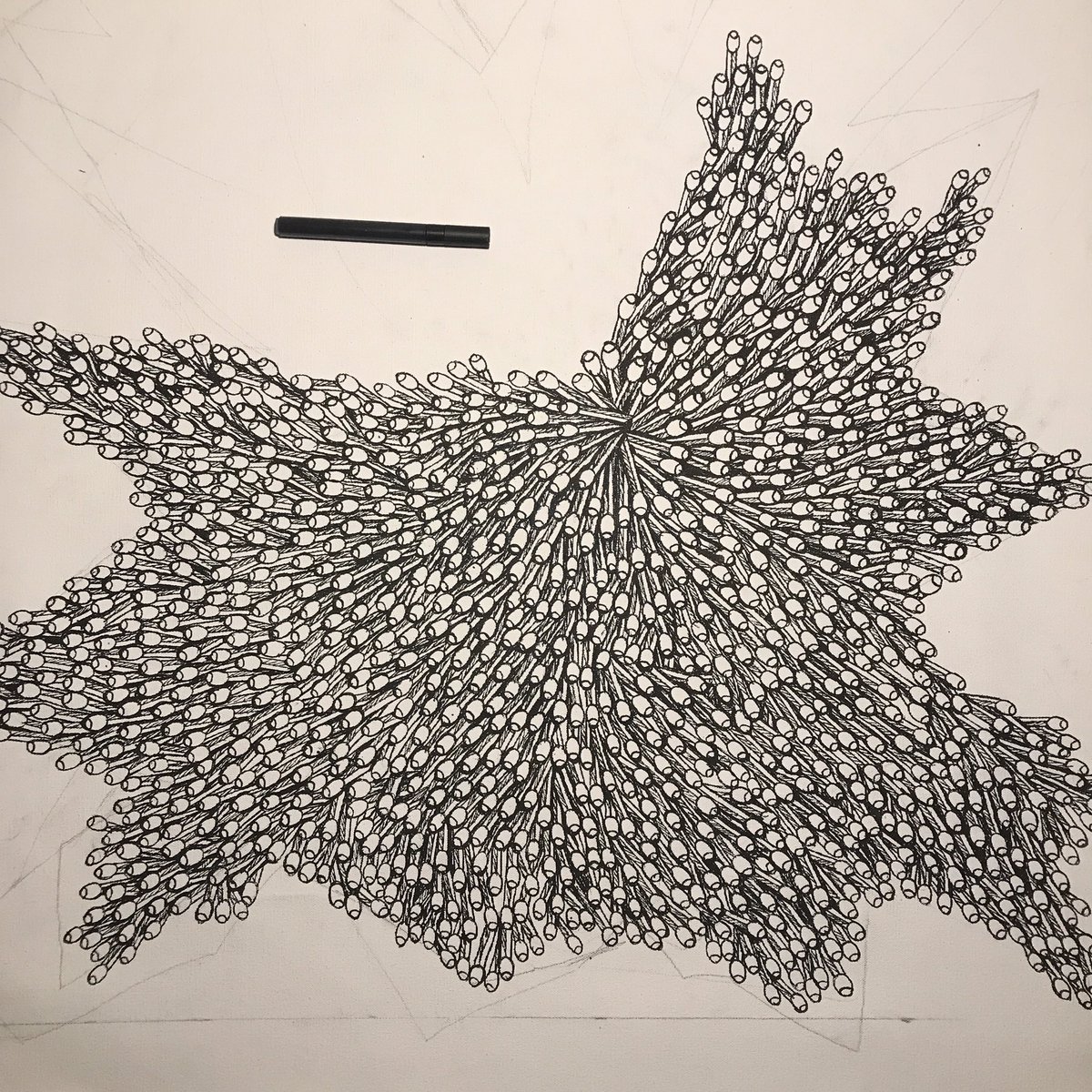 Working on Ahhhh Matchsticks No. 24. 30x30 inch acrylic paint pen on canvas. Pen for scale. 

#drawingoftheday #drawing #bigdrawing #illustration #matches #matchsticks #matchstickart #draweveryday #walkoffhot