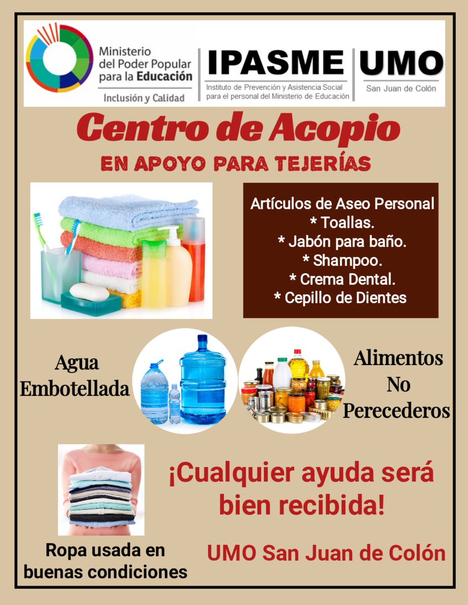 Centro de Acopio UMO San Juan de Colón en apoyo a la Comunidad Tejerías.
Puedes llevar:
🔸 Alimentos No Perecederos
🔸 Agua Embotellada
🔸 Artículos de Aseo Personal
🔸 Ropa en buenas condiciones
🔸 Medicamentos
<a href="/FreddyBernal/">Freddy Bernal</a>
<a href="/_LaAvanzadora/">Yelitze Santaella</a>
<a href="/NicolasMaduro/">Nicolás Maduro</a>
#FuerzaPuebloLasTejerias