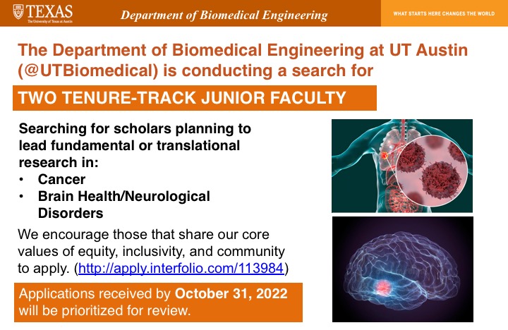 doc_tmp's tweet image. @UTBiomedical is hiring!!  We are seeking creative and community-centric scholars to establish world-class research and training programs in cancer or brain health. Visit our reception at the BMES annual meeting on Thursday from 6-8pm to learn more.