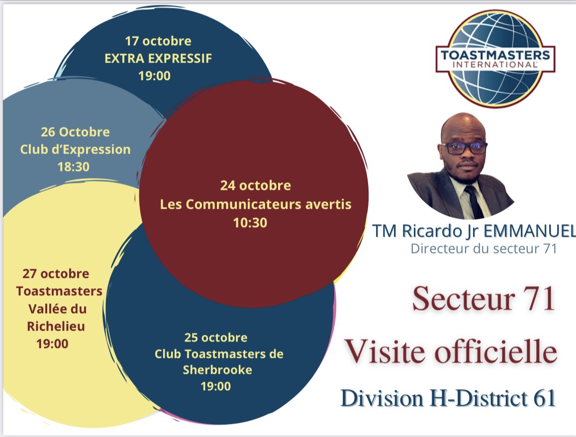 rjemmanuel25's tweet photo. 🗓Visite officielle dans les clubs !!!
#divisionh
#district61
#secteur71
#Toastmasters https://t.co/YkU53o2ucg