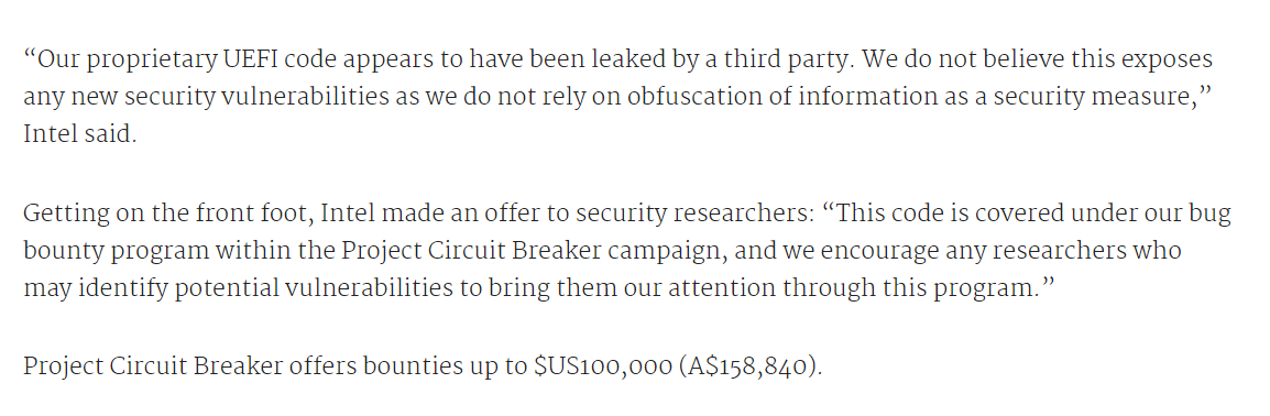 vxunderground's tweet photo. October 7th we shared information on the Intel Alder Lake BIOS source code leak. 

Today Intel confirmed the leak was valid, which included undocumented MSR's

Intel states the code falls within scope of their Bug Bounty program and they encourage researchers to review the code. https://t.co/ctYJmzDOi6