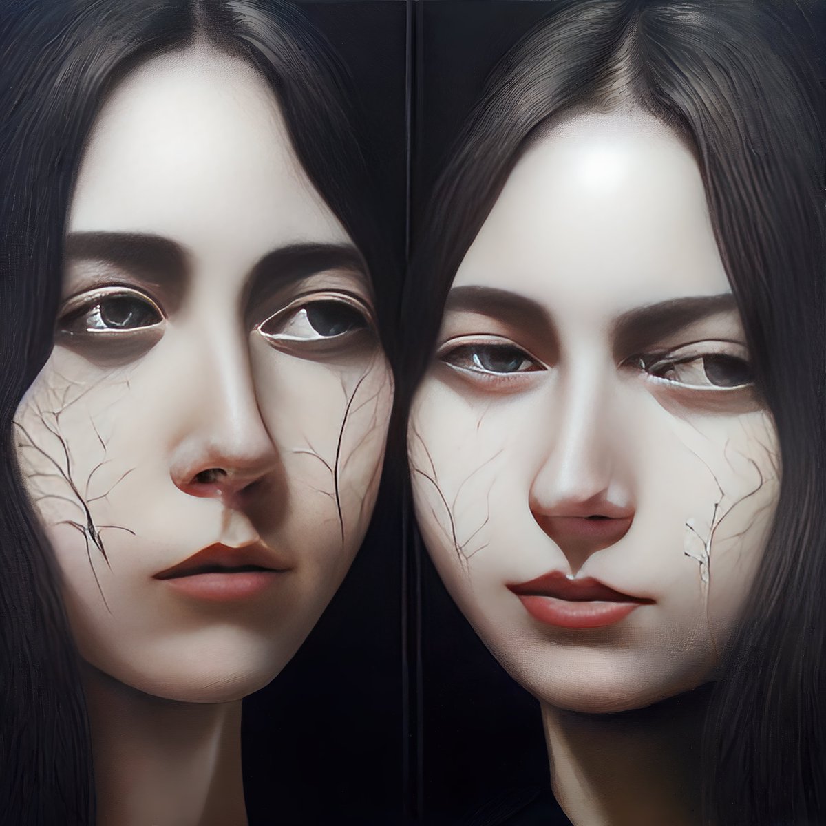 bokar_n's tweet image. "Surrealist painting of a couple looking in each other's eye". 1st with negative "admiration, respect, personality attraction, tenderness, elation, appreciation, compliment, physical embrace, considerate, physical attraction". 2nd, with those very words. #Midjourney #CodeFormer