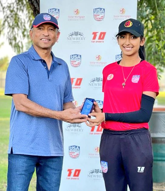 usacricket's tweet photo. For her brilliant innings of 49 not out that led the East to a big win in Game 2 of the Sistar Mortgage U19 Women's National Championships, Aditi Chudasama was Player of the Match presented with her award by the Interim Chair of the USA Cricket Board, Atul Rai

#WeAreUSACricket🇺🇲 https://t.co/sbeKPInwNE