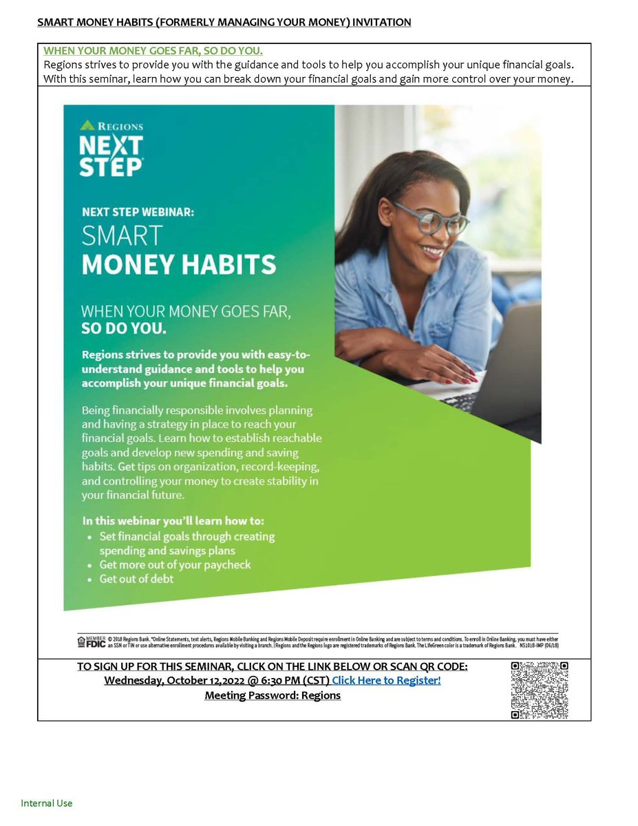 WEALTHY WEDNESDAYS AT YWCPA Free Financial Literacy with @RegionsBank LEARN TO MAKE SMART MONEY MOVES!!! Online workshop.... meet a money coach to help you grow both good habits and your $ regionsbank.webex.com/webappng/sites…