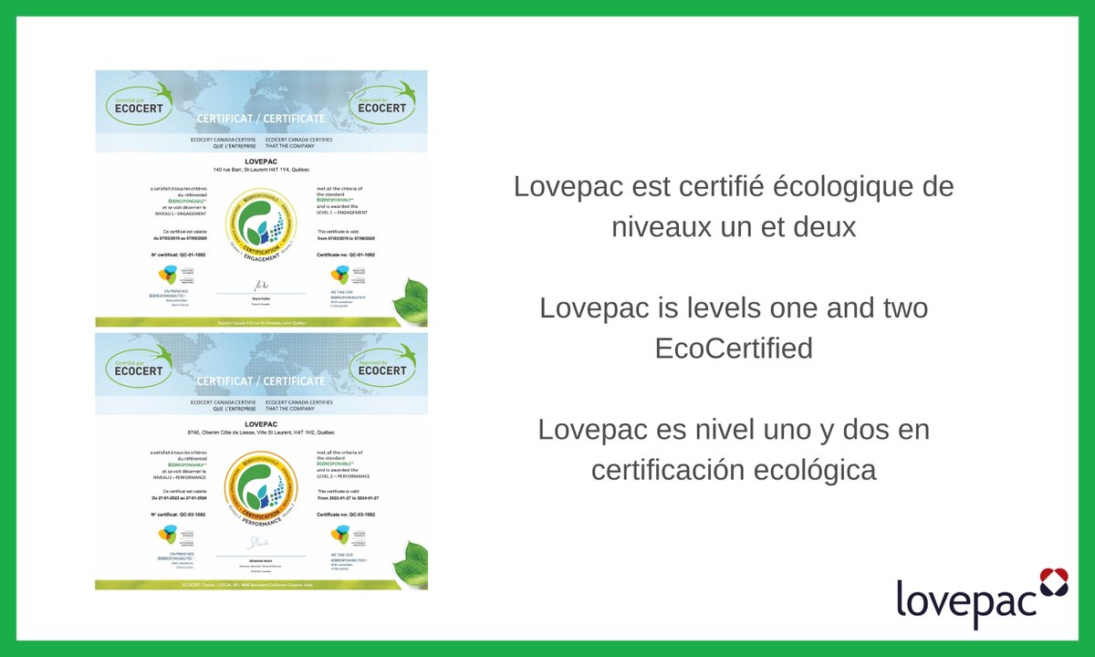 Lovepac est fier d'avoir obtenu une écocertification de niveau 2 et s'engage à apporter de réels changements et à continuer de s'améliorer.
Lovepac is proud to have earned the Level 2 EcoCertification.
Lovepac se enorgullece de haber obtenido el nivel 2 en EcoCertificación.