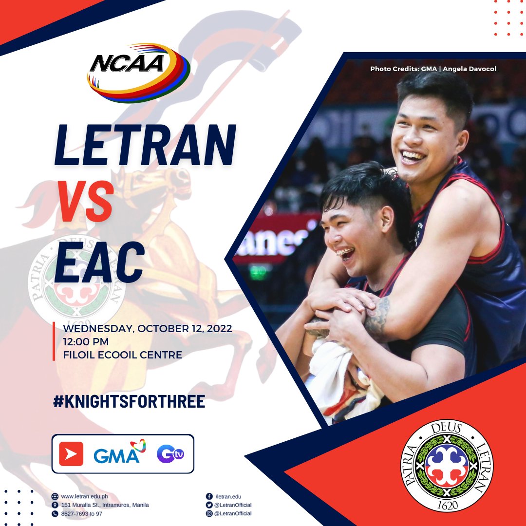LetranOfficial's tweet photo. We go again!
Our Letran Knights face the #NCAASeason98 hosts, the Emilio Aguinaldo Generals, tomorrow, October 12, 2022, at 12:00 PM!
Tickets are now available at the Finance Office for the following: Patron (P200); Lower Box (P100)
#KnightsForThree
#LetranForThree https://t.co/pOF2SK3yCL