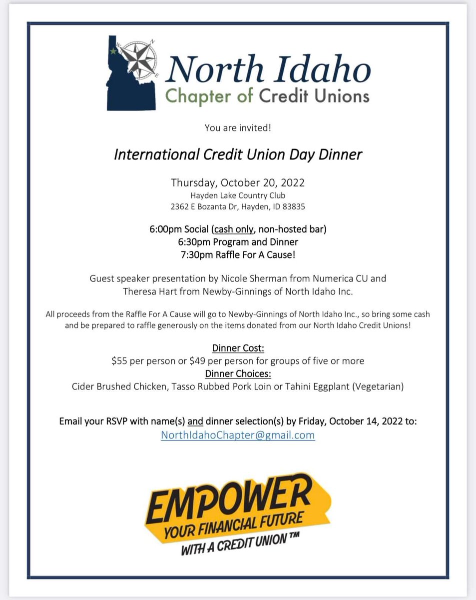 IdahoChapter's tweet photo. Join us October 20th for International Credit Union Day! We’ll be having our annual Charity Dinner at the Hayden Lake Country Club. #ICUDay2022 #InternationalCreditUnionDay #CUDifference #CUAdvocacy #CreditUnions https://t.co/Sthe882z7E
