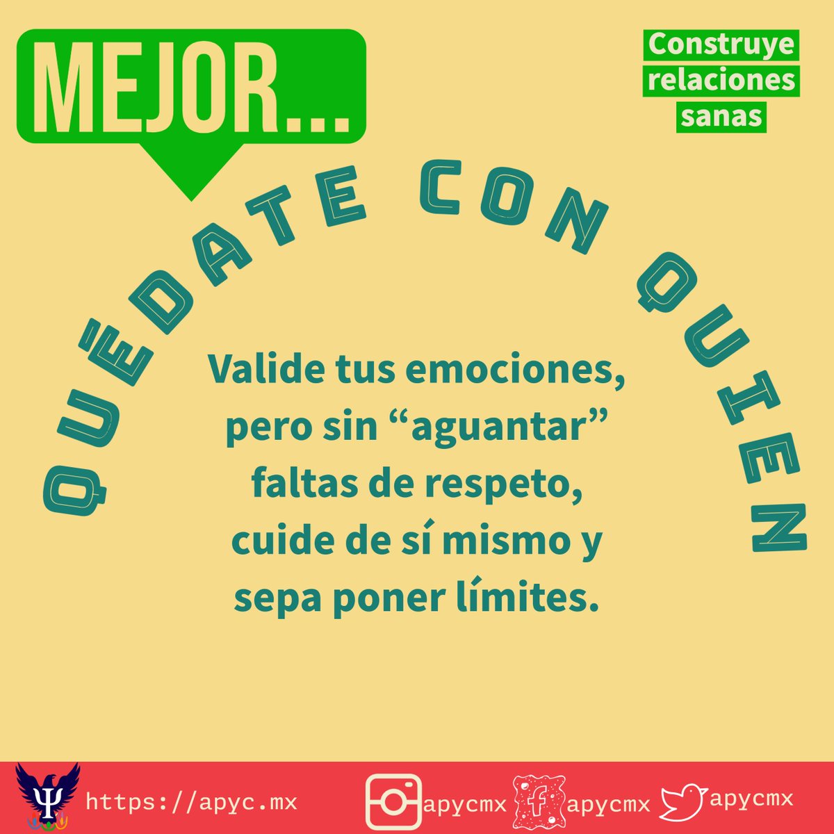 apycmx's tweet photo. La persona que eliges como tu pareja será un factor clave en tus procesos de cambio y construcción de relaciones saludables, así como de respeto. ¿Qué tipo de parejas quieres ser y tener? Cuéntanos
#apycmx #relacionessanas #relaciondepareja #psicologos https://t.co/4KHoYDhst9