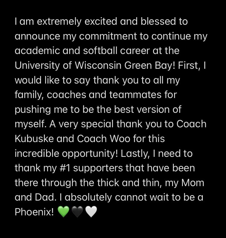MadysonBaker3's tweet photo. Cannot wait to be apart of the Phoenix Family! This truly is a blessing and my dreams of playing college softball have came true.💚🖤🤍 @skubuske @CoachWoo24 @GBPhoenixSB #OTR4FIVE #RiseWithUs #GreenBayAllDay #PhoenixCountry https://t.co/I1Oq2dotEI