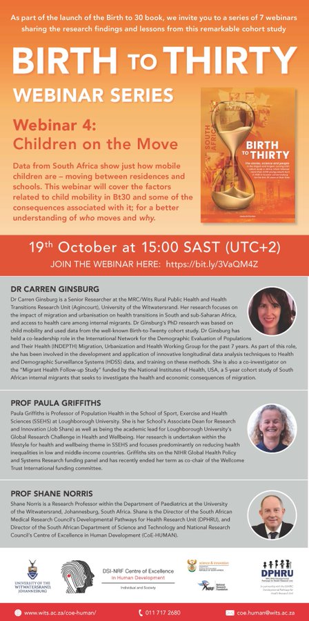 NurturingCare's tweet photo. 📢19 October: #Bt30 Children on the move. The Birth to Thirty study in #Soweto is Africa’s largest and longest-running birth cohort study. This webinar will look at child mobility data and some of the consequences for #nurturingcare #ECD #ECCE More: https://t.co/v4JJc71EO1 https://t.co/NtrlHeqfES