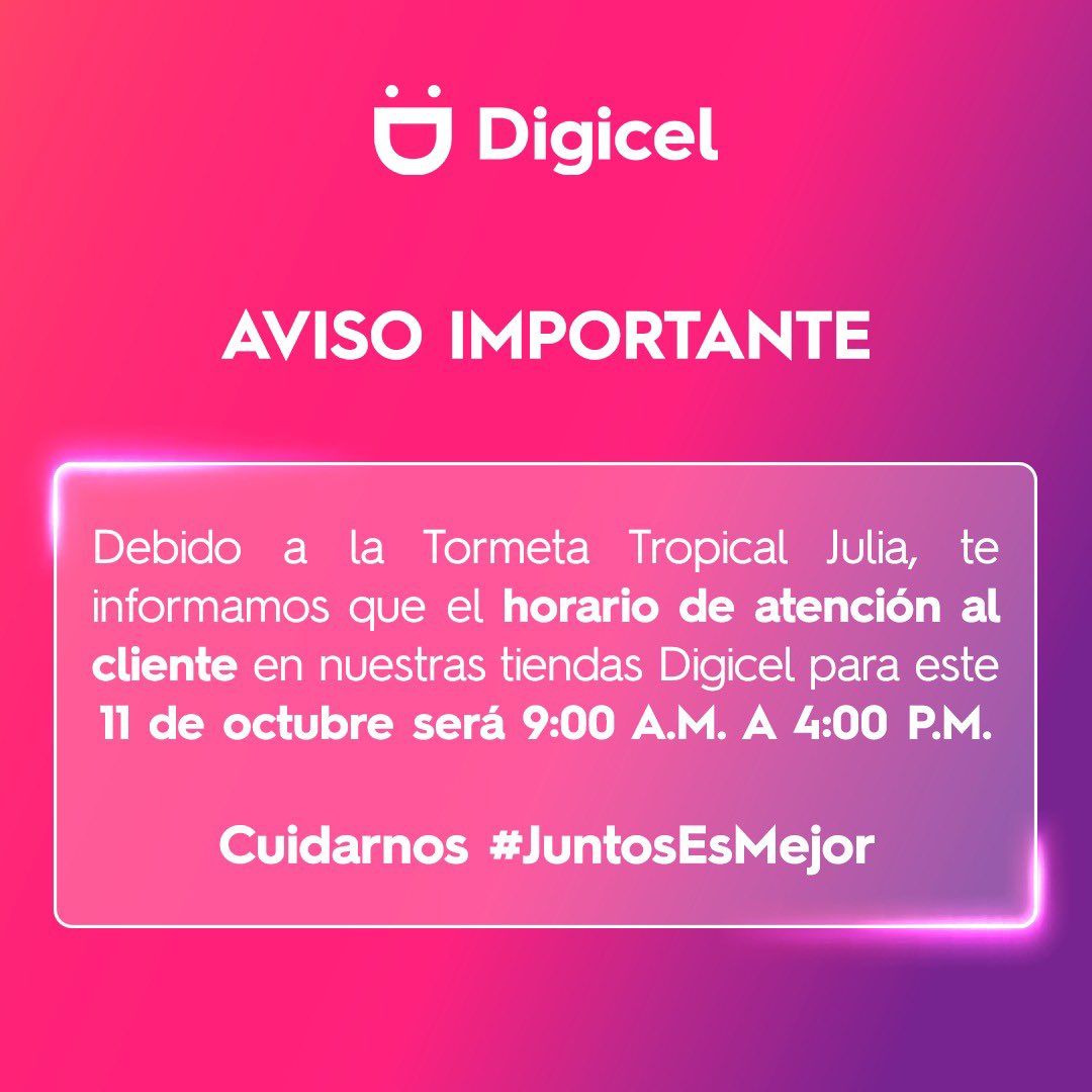 digicel_sv's tweet photo. ⚠️INFORMACIÓN IMPORTANTE ⚠️ 

Les compartimos nuestros horarios especiales para el día de mañana.😉 

Si deseas realizar recargas podés hacerlo desde #MyDigicelApp o llamando al #444. 

#DigicelElSalvador #JuntosEsMejor #AlertaRoja #EmergenciaNacional #TormentaTropicalJulia https://t.co/918o4tNUrh