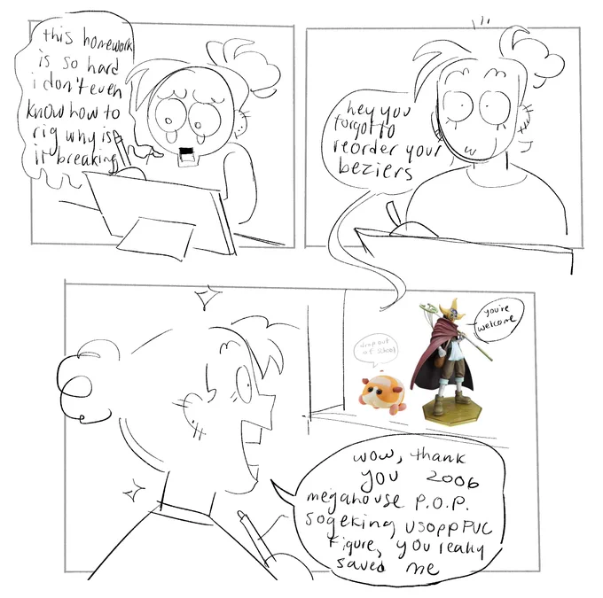 coping with my rigging homework by pretending my figures are offering moral support 