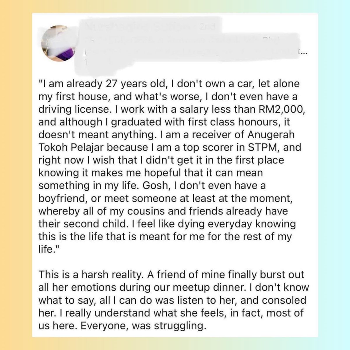 AbudiAlsagoff's tweet photo. Realiti pahit untuk banyak young adults kat Malaysia. Sedih gila baca 😢 https://t.co/dJ8cFcfOim