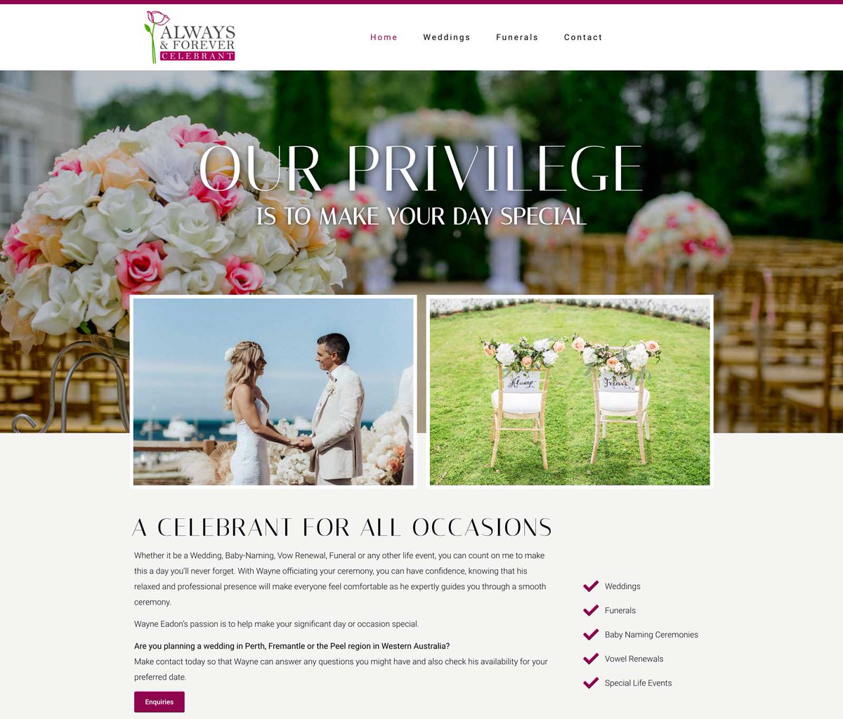splotchstudio's tweet photo. I recently designed a website and logo for Perth marriage celebrant Wayne Eadon. Wayne and his wife came out to my home office in Byford and we discussed their business and worked through their list of services.  https://t.co/GaT8u231aF https://t.co/qjF832LAaY