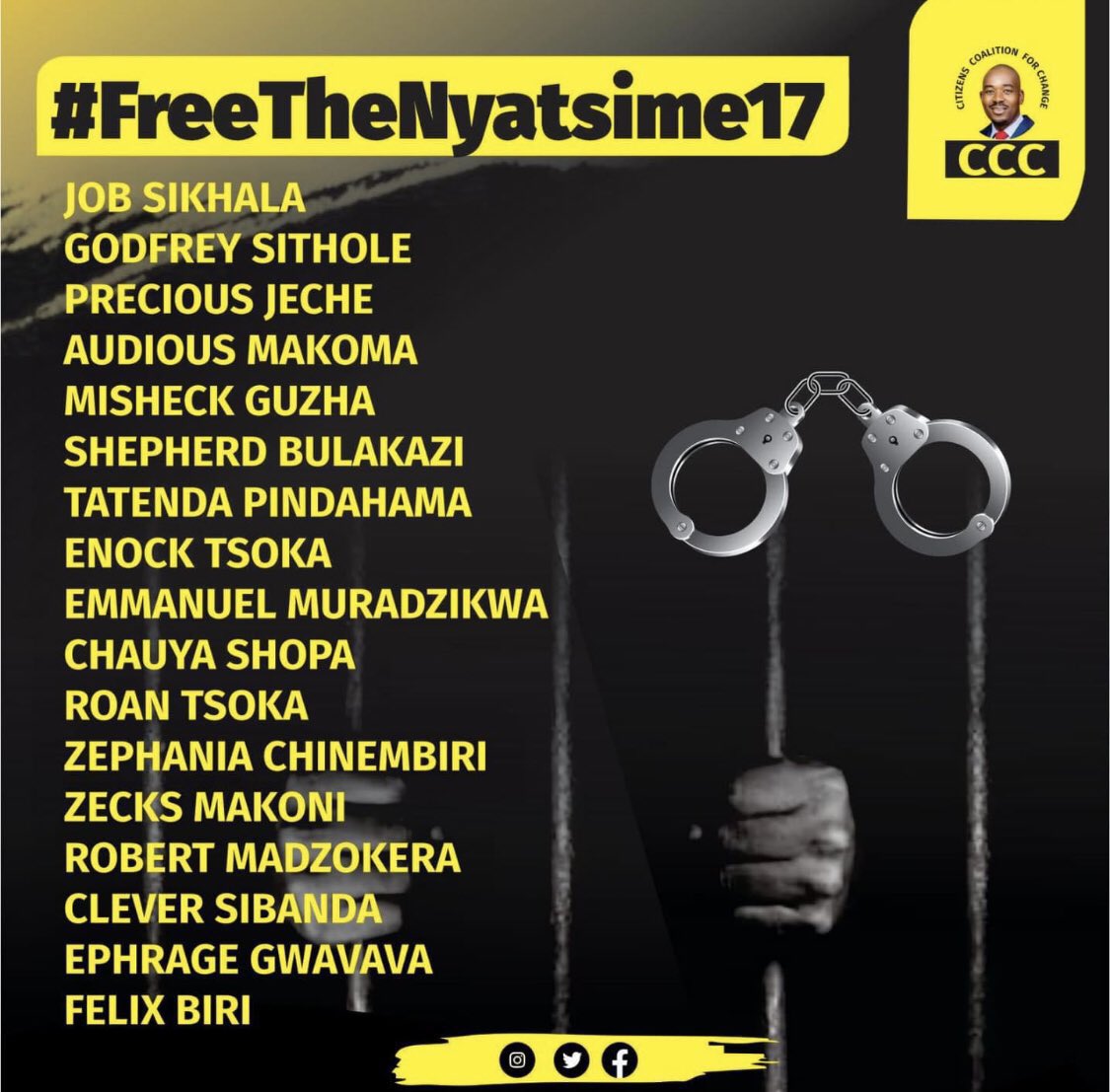 MakomboreroH's tweet photo. #MRP9 were convicted to 36 months for protesting #NoToPoliceBrutality.
34 apostolic sect members have over 4 months in pretrial detention for protesting #NoToPoverty.
#Nyatsime17 have spent 119 days in pretrial incarceration for demanding #JusticeForMoreblessingAli.
#FreeThemAll! https://t.co/r88JadUzWj