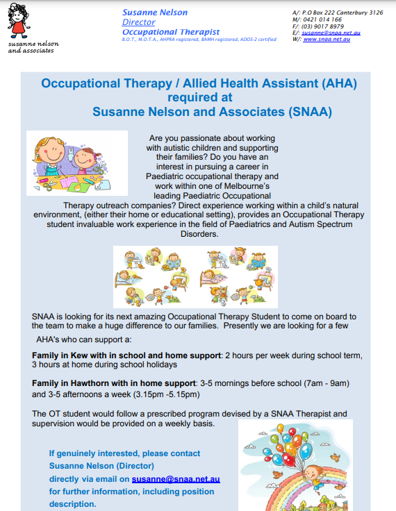 Monash_OT's tweet photo. Susanne Nelson is a #paediatric #OccupationalTherapist who has taught into @Monash_OT programs. Susanne is currently seeking #OccupationalTherapy students who may be interested in specific practice-based #AlliedHealthAssistant roles. For details, please email susanne@snaa.net.au https://t.co/d2KJfPXp2s