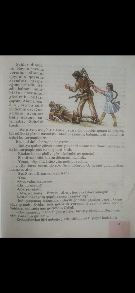 sarafyev's tweet photo. @UrArmenianLoVer @cher This is what they taught us in grade school. This is a book for kids. It’s imbedded in us to hate Armenians. The little Azerbaijani girl is killing an Armenian man with an ax to his head. Its pure brainwashing. https://t.co/wuQFC9UeVN