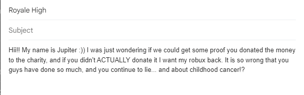 _RHJupiter's tweet photo. @RoyaleHighValks Since I'm a baby and want my money back. I'm sure not many people will agree to me but if I donated expecting it to be donated to charity, and it doesnt get donated I want it back. It was a scam. #RoyaleHigh #royalehighupdate #royalehighhalloween  #roblox https://t.co/WnaeqnfXVZ