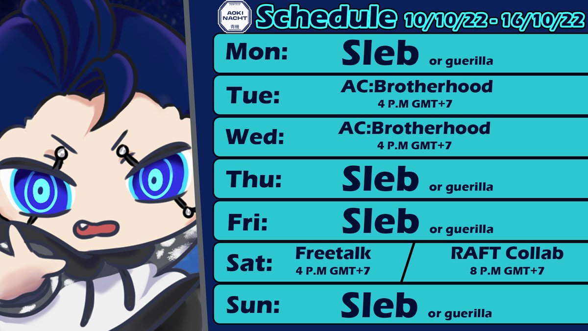 7810Aoki's tweet photo. Its Schedule Time! minggu ini speedrun bikin thumbnail hehe
Hashtags:
【General】: #Aoki_Nacht
【LIVE】 : #Night_Live
【Fan Name】: #Aokids ⚙
【Fanart】: #Nacht_Art
【MEME】: #Imbluebadabee
【Announcement】: #Synthfo
#Night_Live #Synthfo #VtuberID #Vtuber #VTuberUprising https://t.co/E4Tik1Dg6D