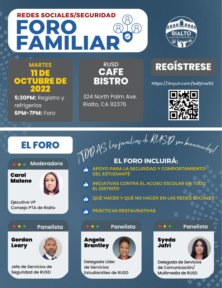 Let’s talk! 🗣️

Please join us at the Rialto USD Social Media/Safety Family Forum, tomorrow (Oct. 11) from 5:30-7PM at the Chavez/Huerta Center’s Cafe Bistro. All RUSD families welcome!

🔗 Register here: tinyurl.com/bdfjmw93

Can’t wait to see you there!