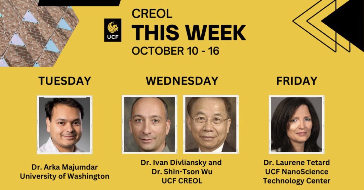 UCF CREOL (@creolatucf) on Twitter photo Awesome speakers this week! For more visit our website: CREOL.UCF.edu
#optics #photonics #nanoscale #research #UCFCREOL #UCF Awesome speakers this week! For more visit our website: CREOL.UCF.edu
#optics #photonics #nanoscale #research #UCFCREOL #UCF