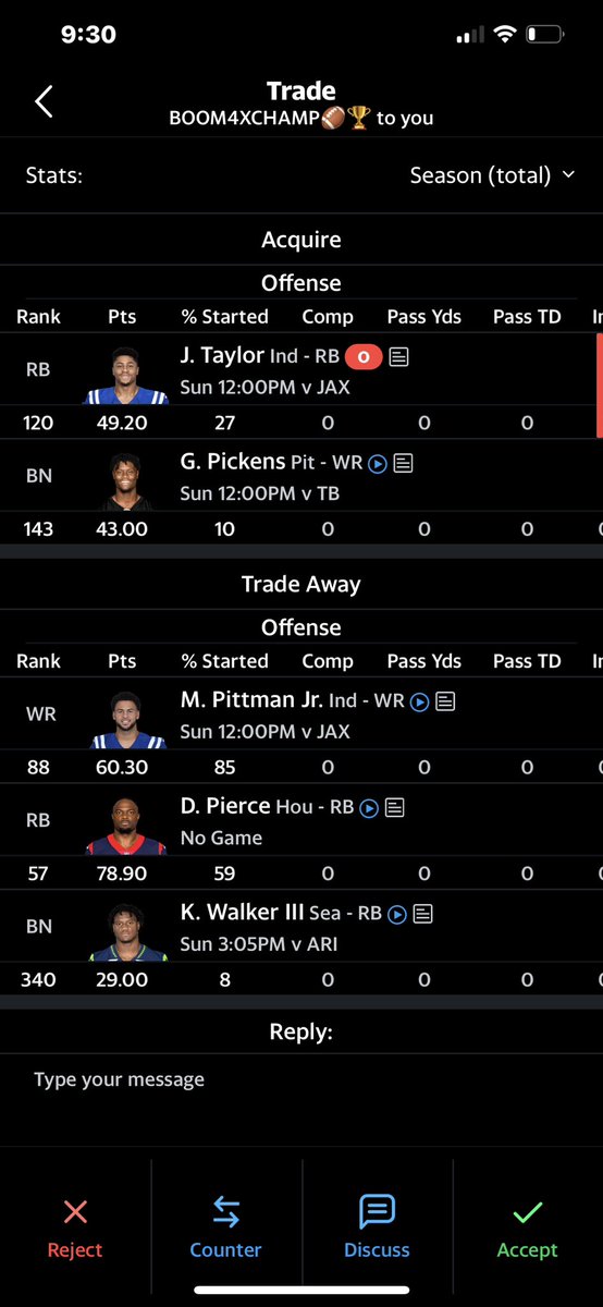 HobdayJason's tweet photo. @MatthewBerryTMR Any Thoughts on this trade?I would be getting JT.  I also have R. Stevens, D. Harris, B. Robinson, R. White, R. Mostert, E. Benjamin.  WRs  J. Jefferson, G. Davis, R. Doubs, S. Moore (Full PPR We start 1 QB 2 WRs 2 RBs 1 TE and a flex)  QB P. Mahomes TE T. Kelce https://t.co/sC6tON1YHa