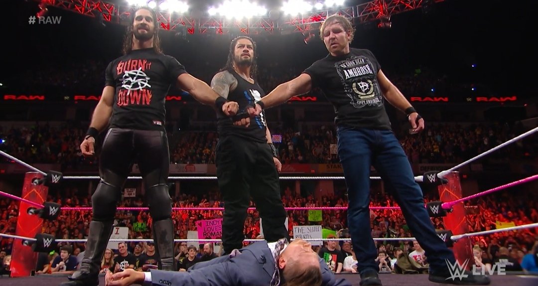 JohnDavid7214's tweet photo. 5 years ago yesterday , The Shield
crashed Miz TV, standing reunited 
together for the first time in three years.
#WWERaw 📸 https://t.co/ayGsEZuQfH